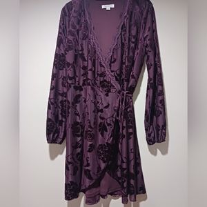 Francesca's "Burnout "V" Neck Wrap Dress" Sz. L Purple Wine.